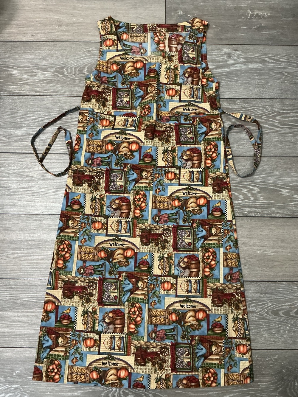🌻Handmade Autumn Folk Art Pinafore Dress aprox S Pumpkin Scarecrow Harvest